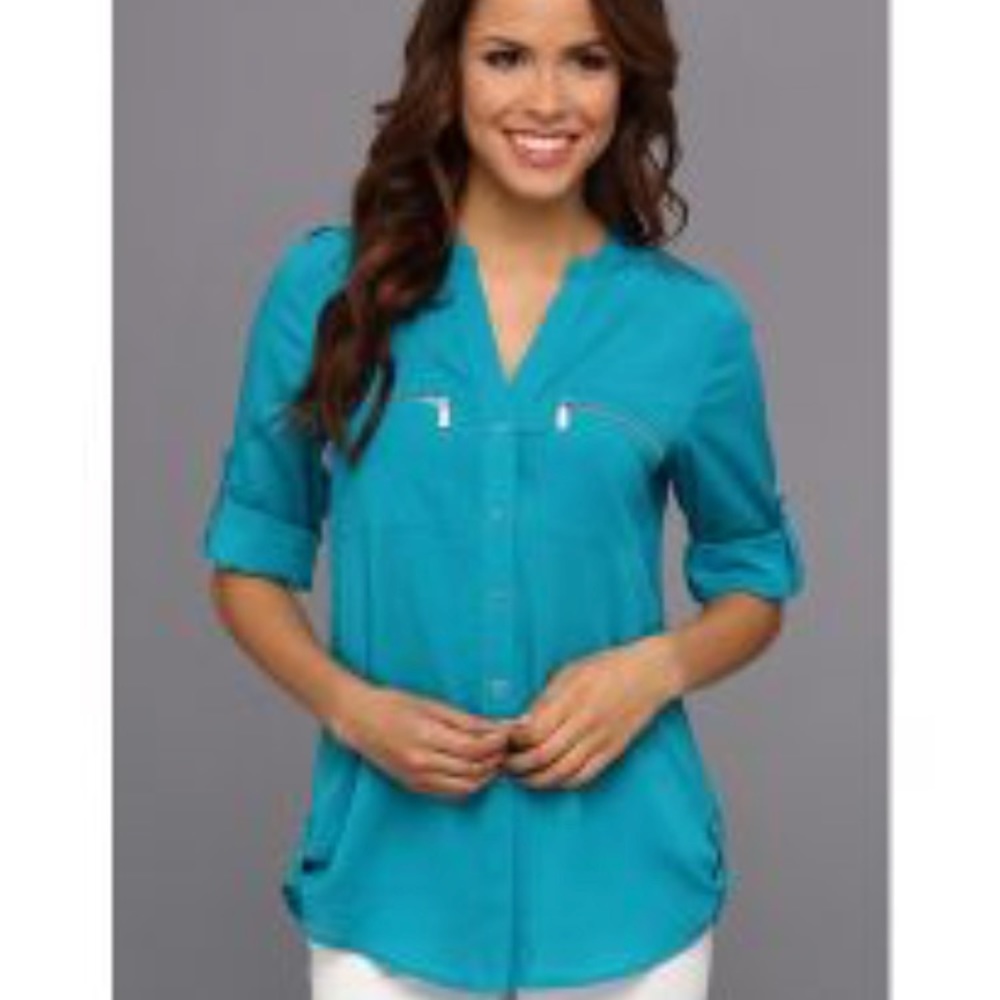 Calvin Klein roll sleeve button down pocket blouse
